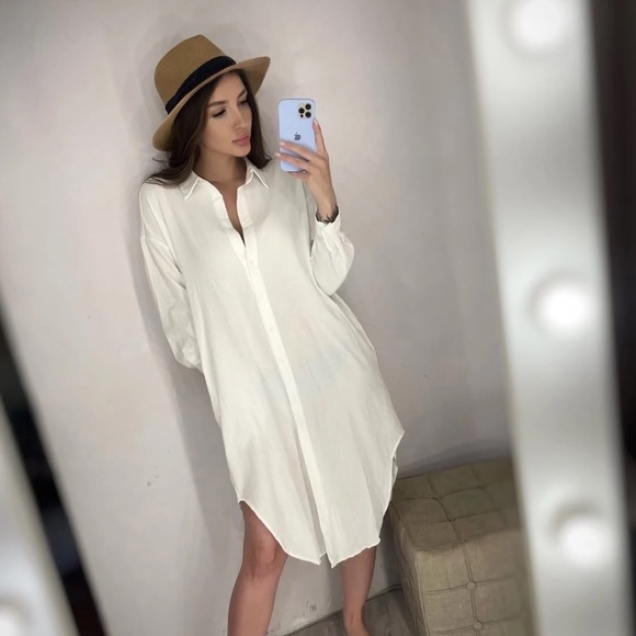 Shirt dress long women’s button collar top pockets  white - Picture 12 of 13